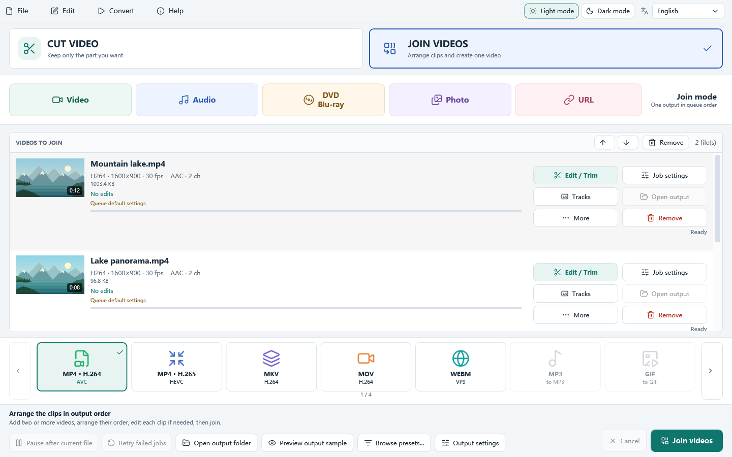 Join mode: two clips in the output queue